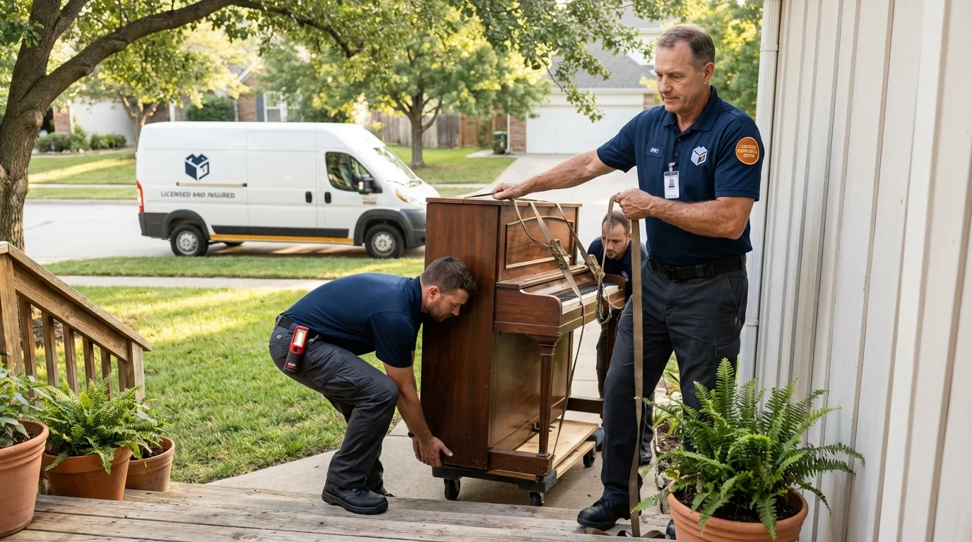 Licensed piano movers securing grand piano in Lewiston, CA