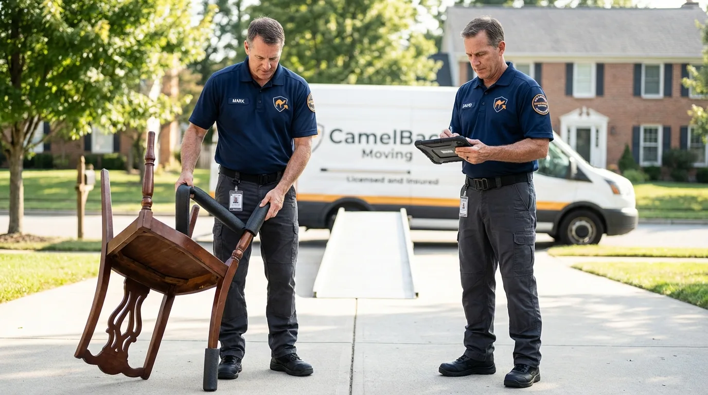 Movers inspecting furniture for damage prevention before loading in Lewiston, CA