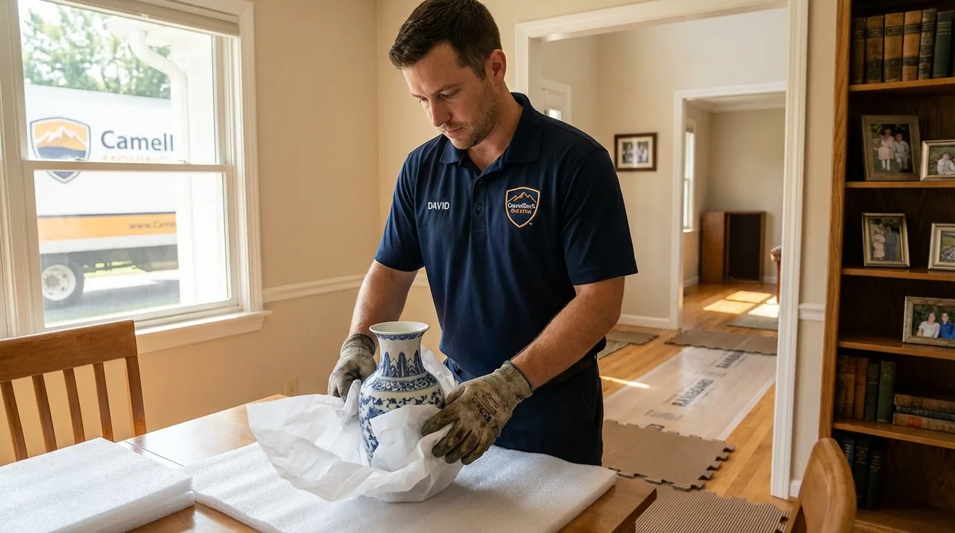 Professional crew carefully wrapping antique vase for senior downsizing move in Lewiston, CA